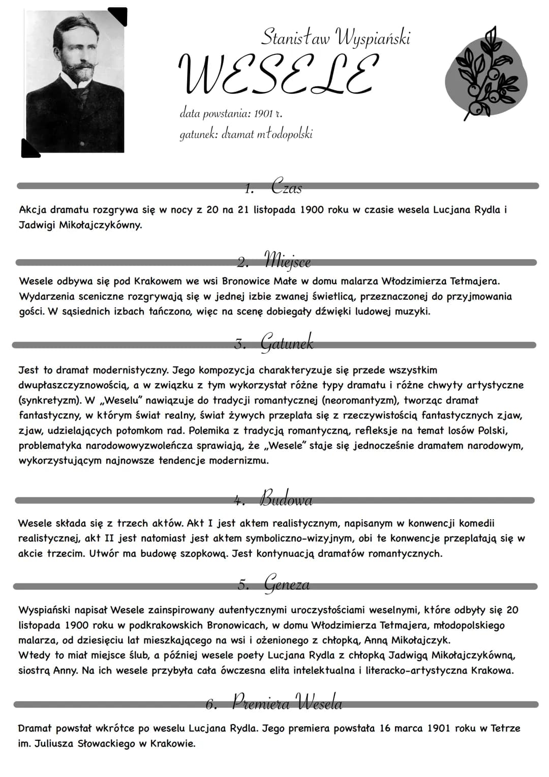 Stanisław Wyspiański
WESELE
data powstania: 1901 r.
gatunek: dramat młodopolski
1. Czas
Akcja dramatu rozgrywa się w nocy z 20 na 21 listopa