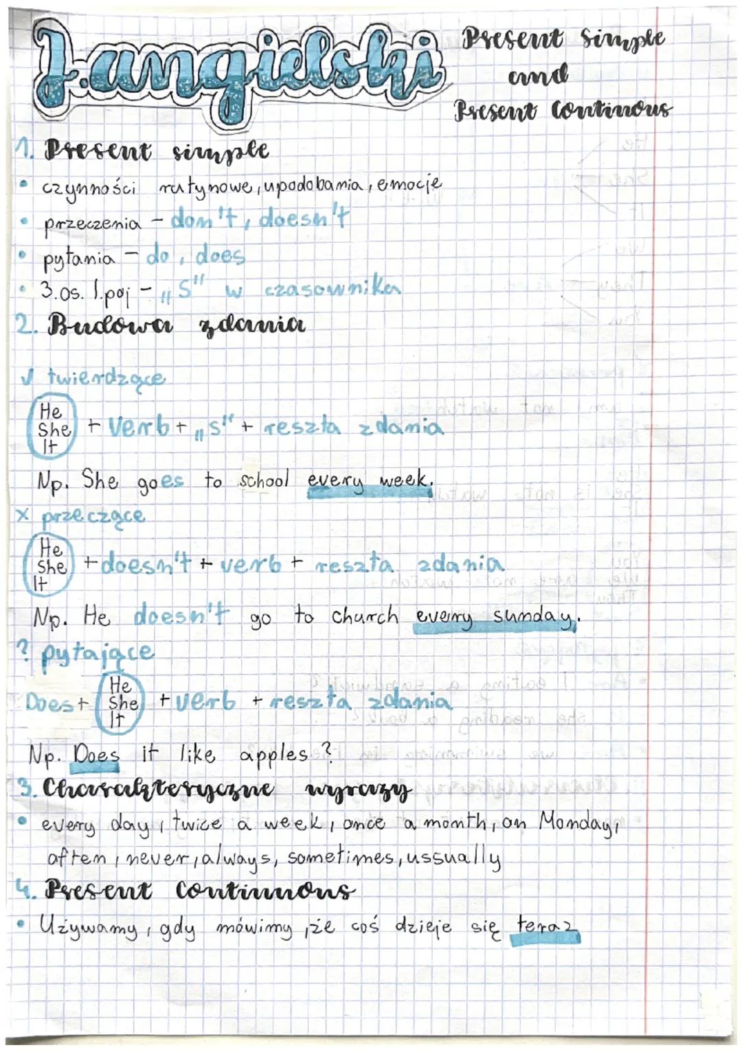 J-angielski
1. Present simple.
czynności rutynowe, upodobania, emocje
przeczenia - don't, doesn't
•
pytania do does
L
• 3.0s. 1.poj - 11
2. 