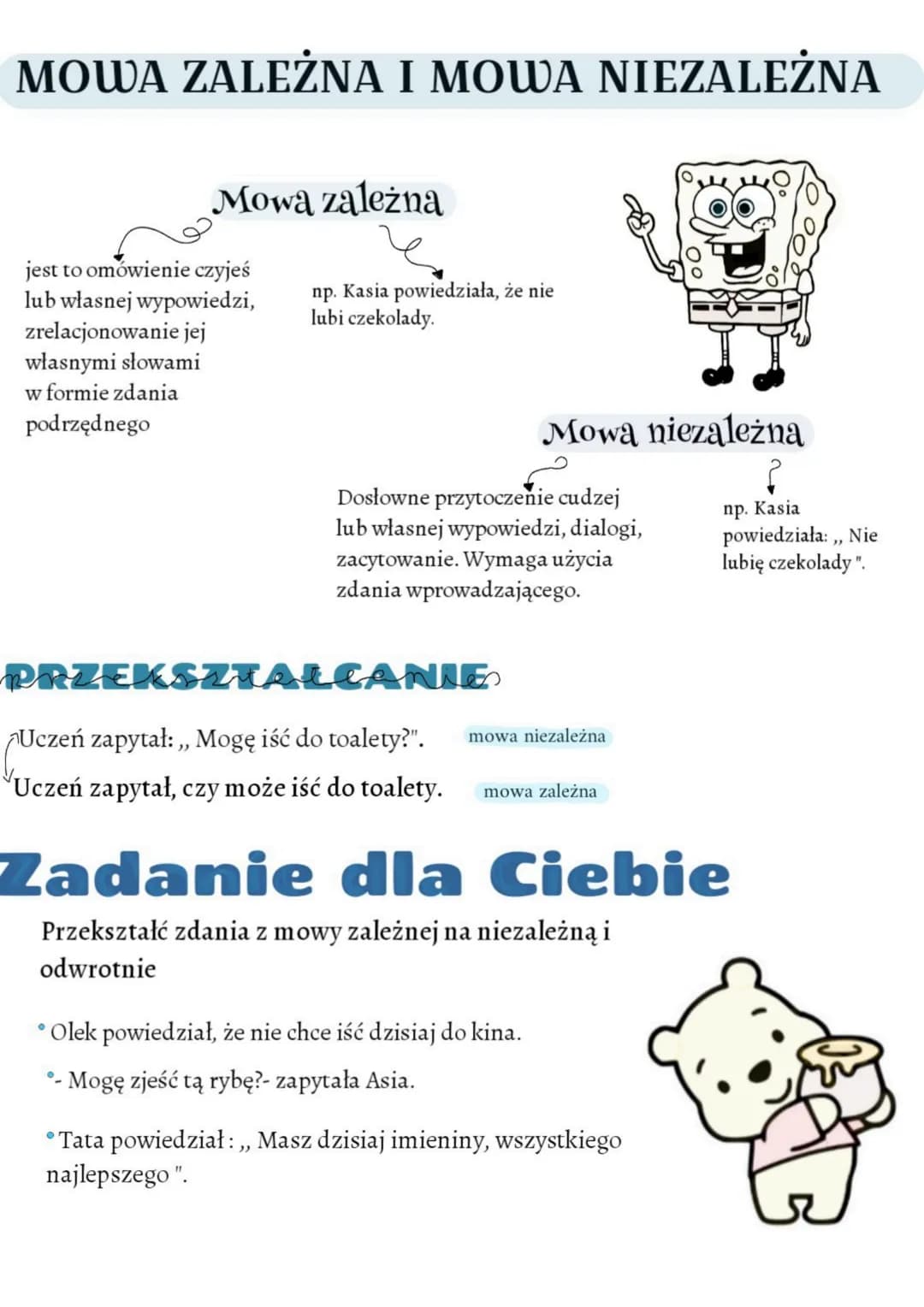 MOWA ZALEŻNA I MOWA NIEZALEŻNA
Mowa zależna
jest to omówienie czyjeś
lub własnej wypowiedzi,
zrelacjonowanie jej
własnymi słowami
w formie z