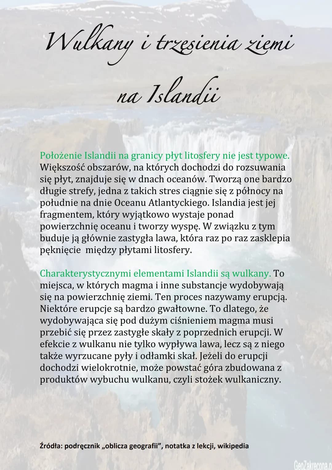 Wulkany i trzesienia ziemi
na Islandii
Położenie Islandii na granicy płyt litosfery nie jest typowe.
Większość obszarów, na których dochodzi