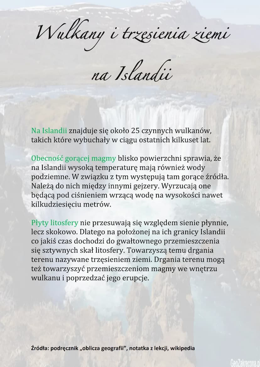 Wulkany i trzesienia ziemi
na Islandii
Położenie Islandii na granicy płyt litosfery nie jest typowe.
Większość obszarów, na których dochodzi