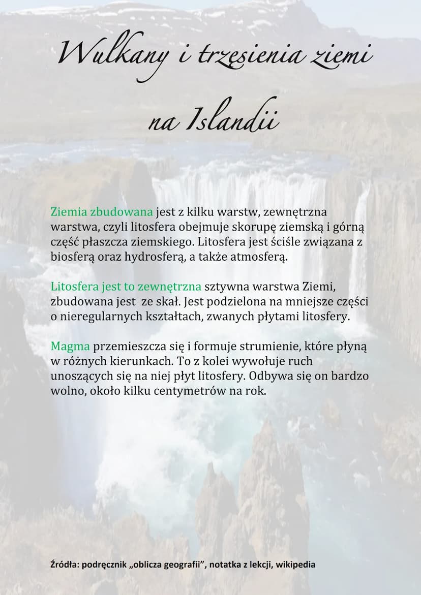 Wulkany i trzesienia ziemi
na Islandii
Położenie Islandii na granicy płyt litosfery nie jest typowe.
Większość obszarów, na których dochodzi
