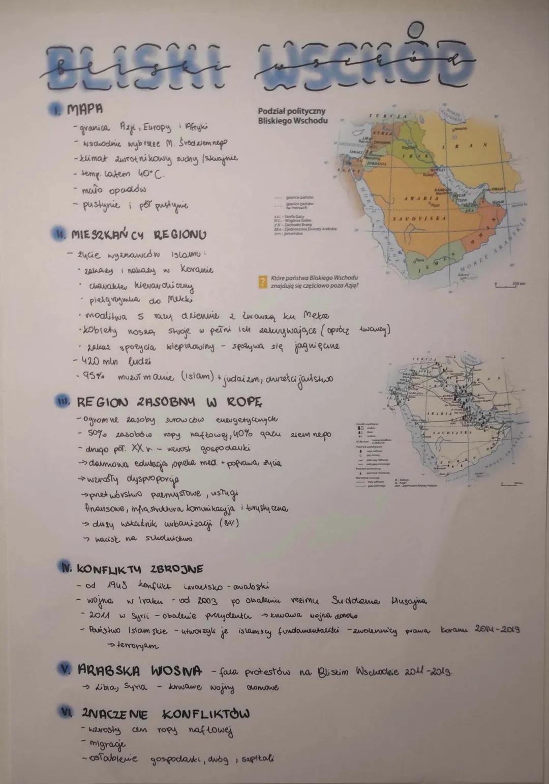 BLISKI WSCHÓD
MAPA
-granica Azji, Europy i Afryki
-wschodnie wybreeze M. Środvem nego
-klimat zwrotnikowy suchy /skrajnie
· temp. Latem 40°C