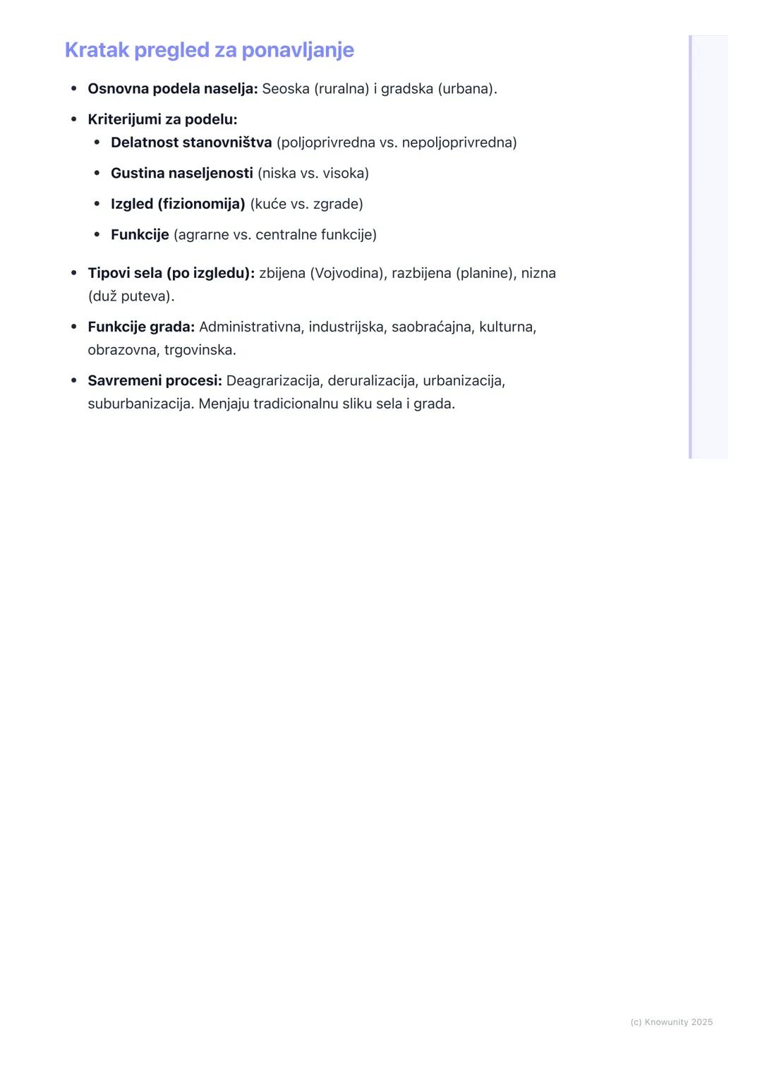 # Vrste naselja

Uvod u vrste naselja

Naselja su mesta gde ljudi žive i rade. To su osnovni oblici ljudskog
naseljavanja. Ne izgledaju sva 