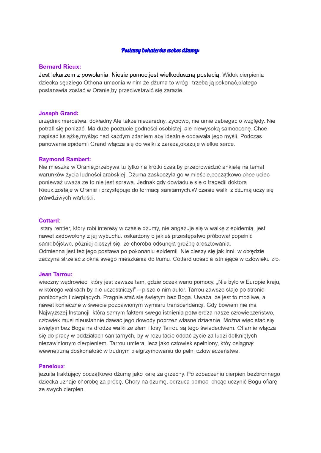 Reakcje bohaterów wobec epidemii dżumy