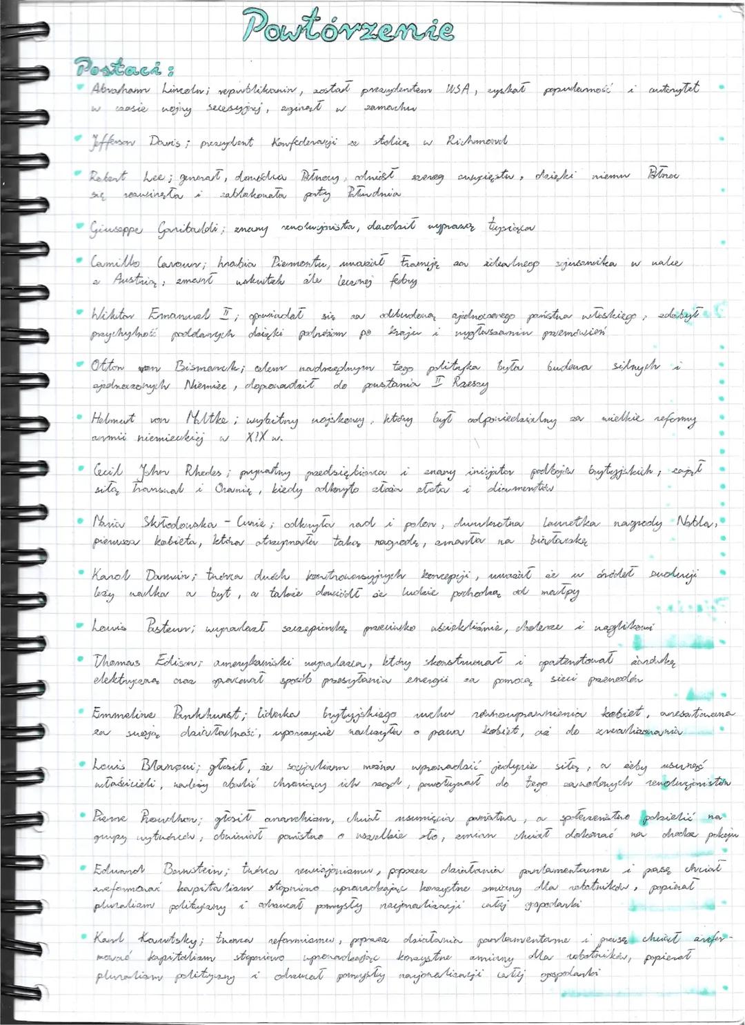 Powtórzenie
Postaci:
• Abraham Lincoln; republikanin, został prezydentem USA, zyskał popularność i autorytet
casie wojny secesyjnej, zginet
