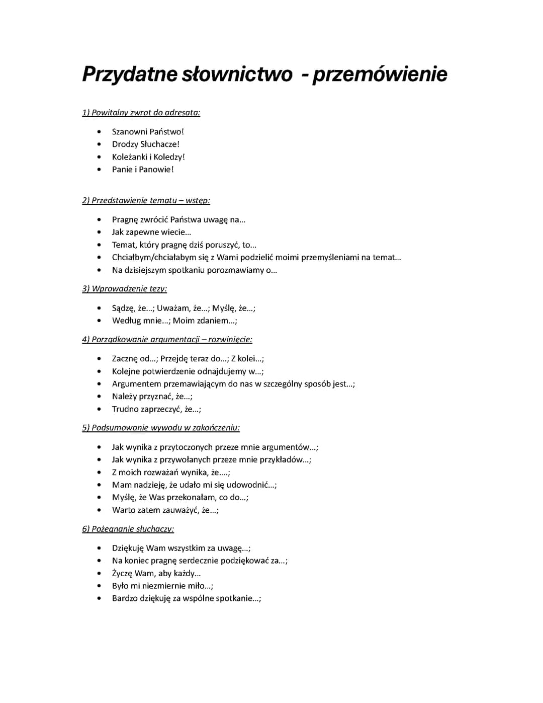 Przydatne słownictwo - Przemówienie