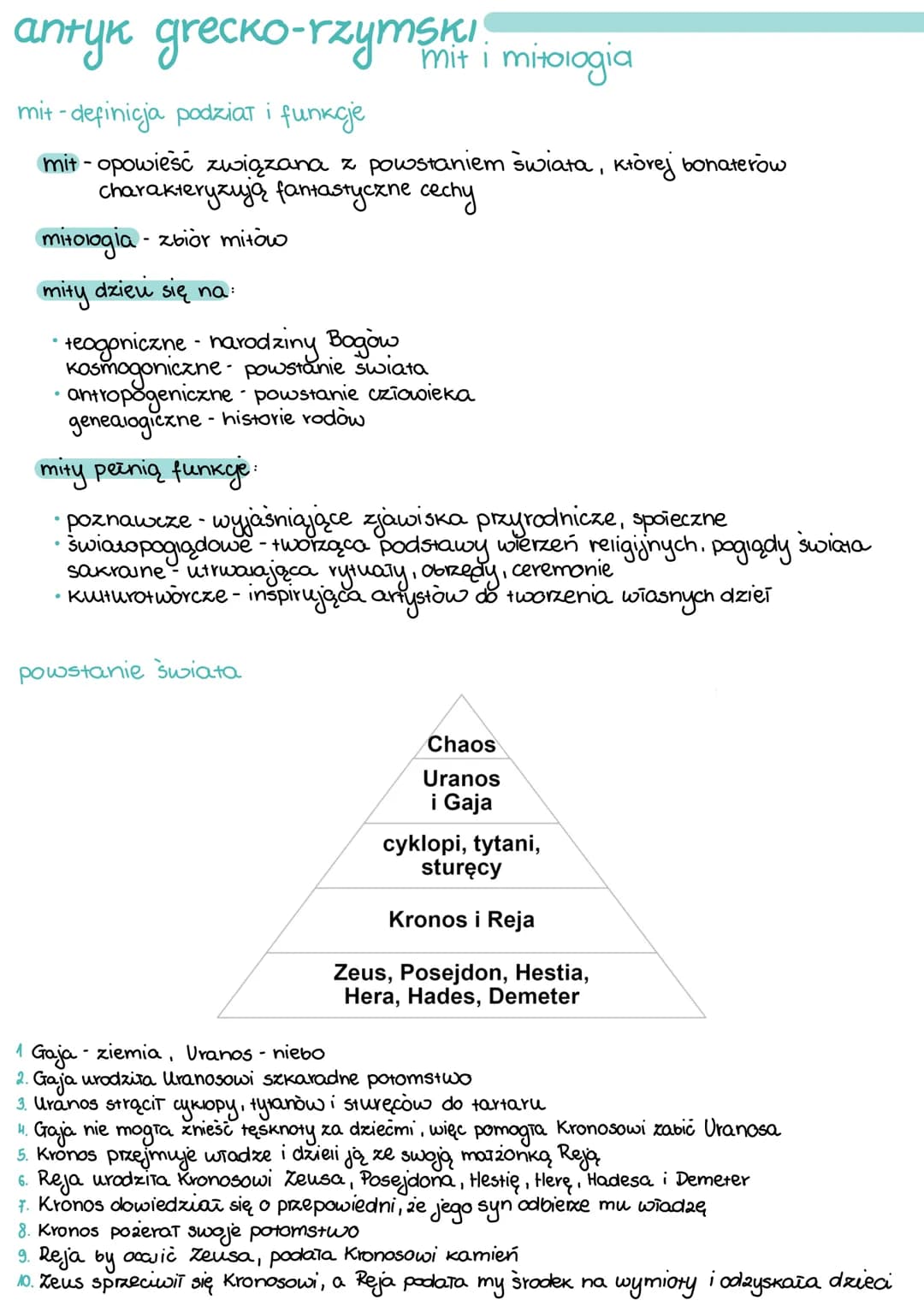 antyk grecko-rzymski
mit i mitologia
mit - definicja podział i funkcje
mit - opowieść związana z powstaniem świata, której bohaterow
charakt