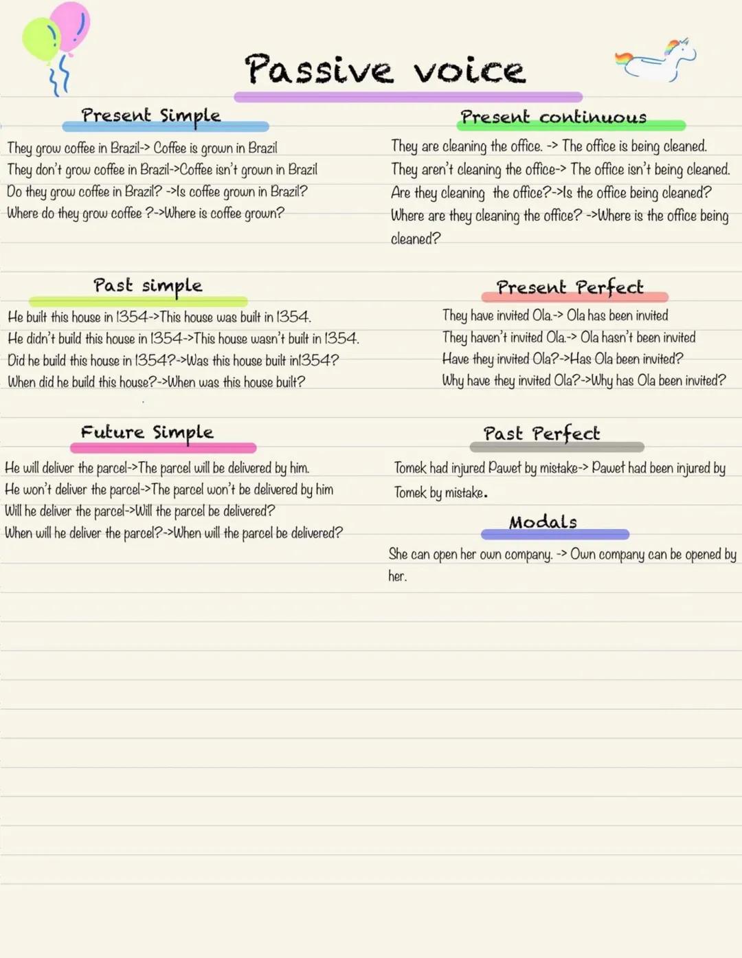Passive voice
Present Simple
They grow coffee in Brazil-> Coffee is grown in Brazil
They don't grow coffee in Brazil->Coffee isn't grown in 