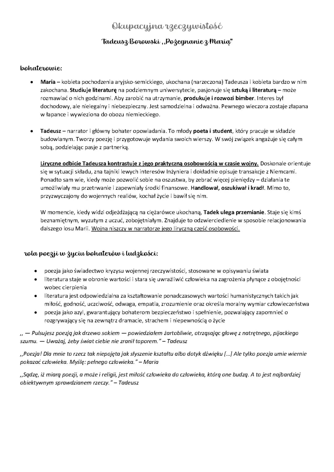 Pożegnanie z Marią Tadeusz Borowski - streszczenie, motywy, bohaterowie