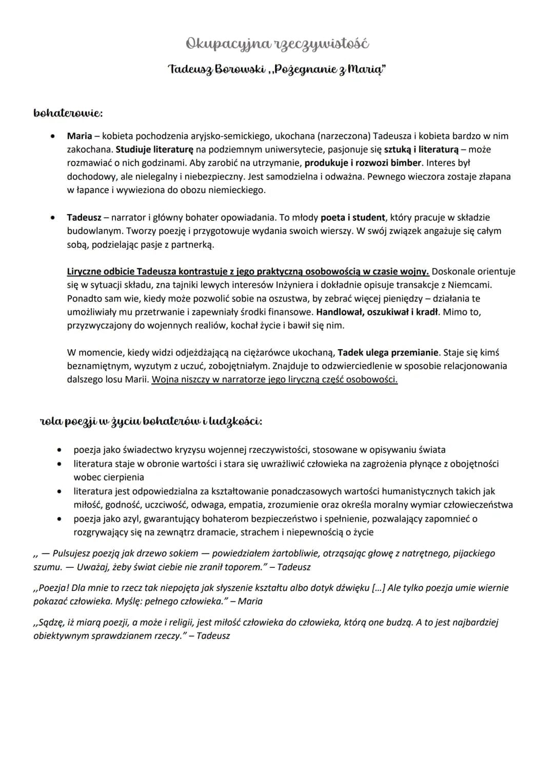 bohaterowie:
●
●
●
Okupacyjna rzeczywistość
Tadeusz Borowski,,Pożegnanie z Maria"
●
Maria - kobieta pochodzenia aryjsko-semickiego, ukochana