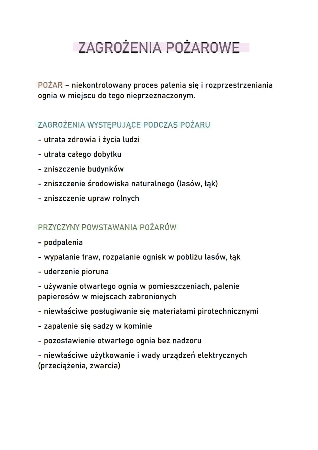 ZAGROŻENIA POŻAROWE
POŻAR - niekontrolowany proces palenia się i rozprzestrzeniania
ognia w miejscu do tego nieprzeznaczonym.
ZAGROŻENIA WYS