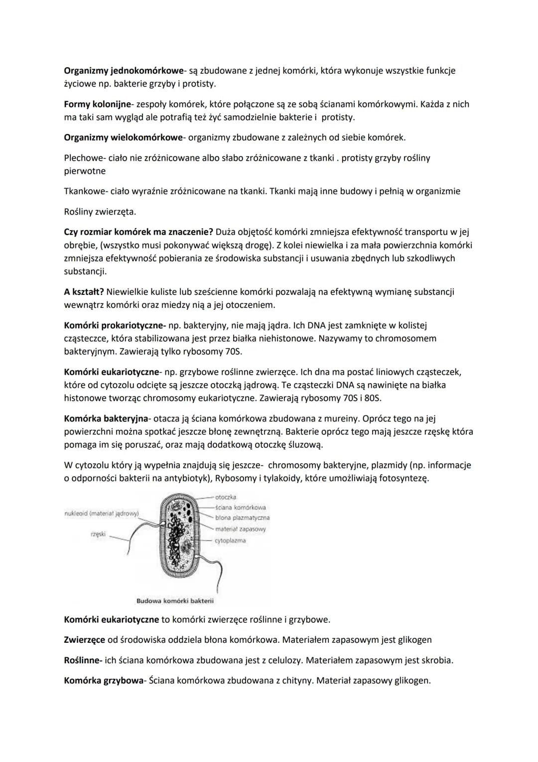 Organizmy jednokomórkowe- są zbudowane z jednej komórki, która wykonuje wszystkie funkcje
życiowe np. bakterie grzyby i protisty.
Formy kolo