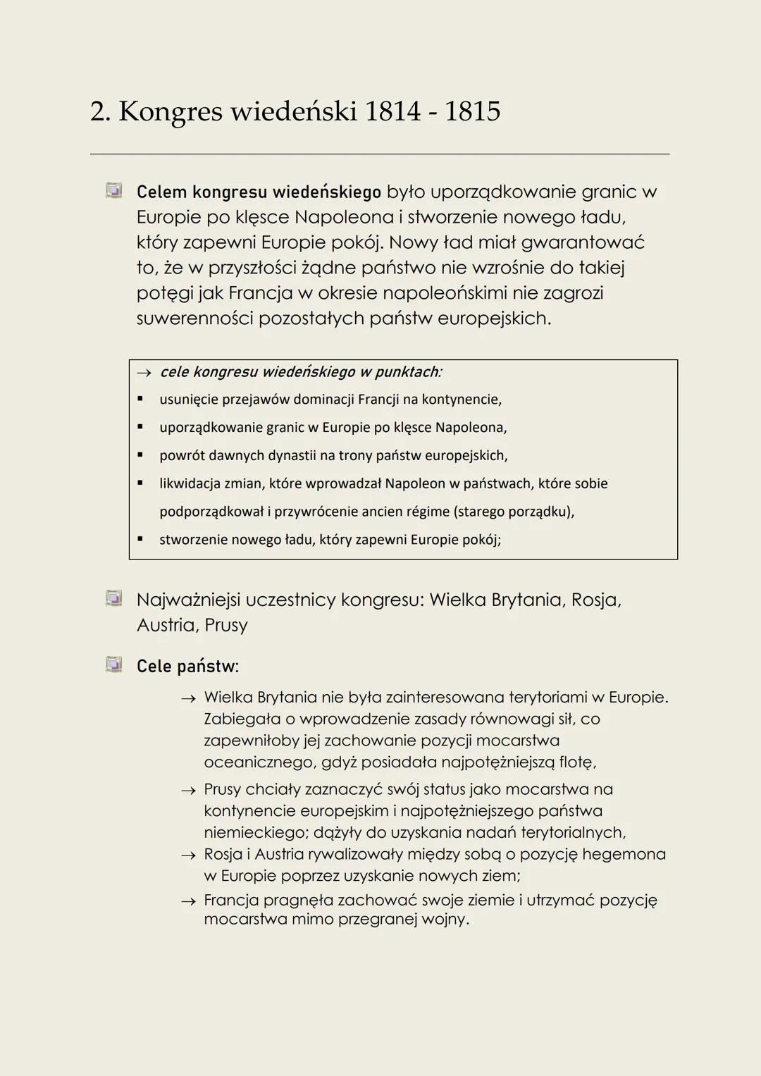 2. Kongres wiedeński 1814 - 1815
Celem kongresu wiedeńskiego było uporządkowanie granic w
Europie po klęsce Napoleona i stworzenie nowego ła