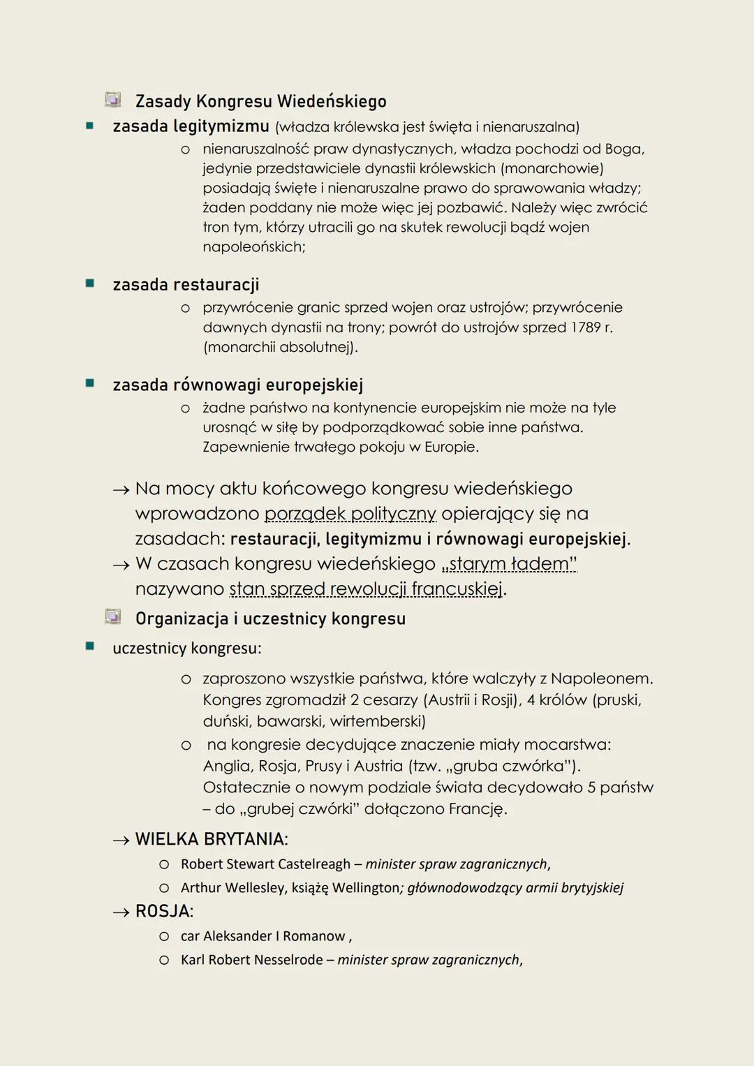 2. Kongres wiedeński 1814 - 1815
Celem kongresu wiedeńskiego było uporządkowanie granic w
Europie po klęsce Napoleona i stworzenie nowego ła