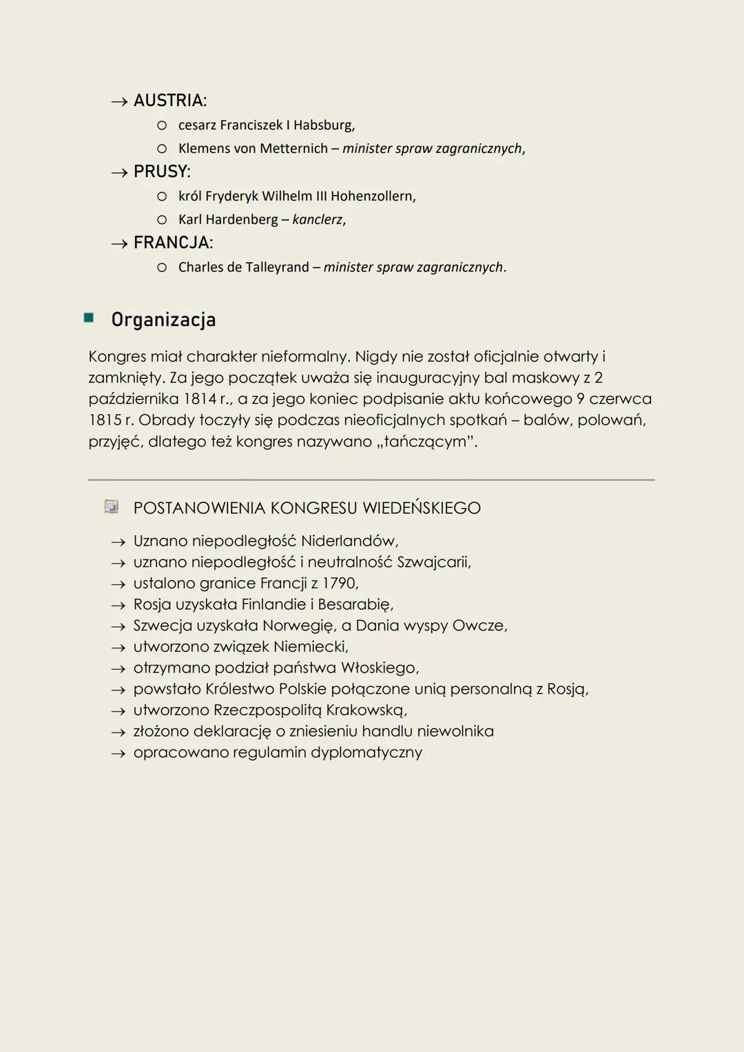 2. Kongres wiedeński 1814 - 1815
Celem kongresu wiedeńskiego było uporządkowanie granic w
Europie po klęsce Napoleona i stworzenie nowego ła