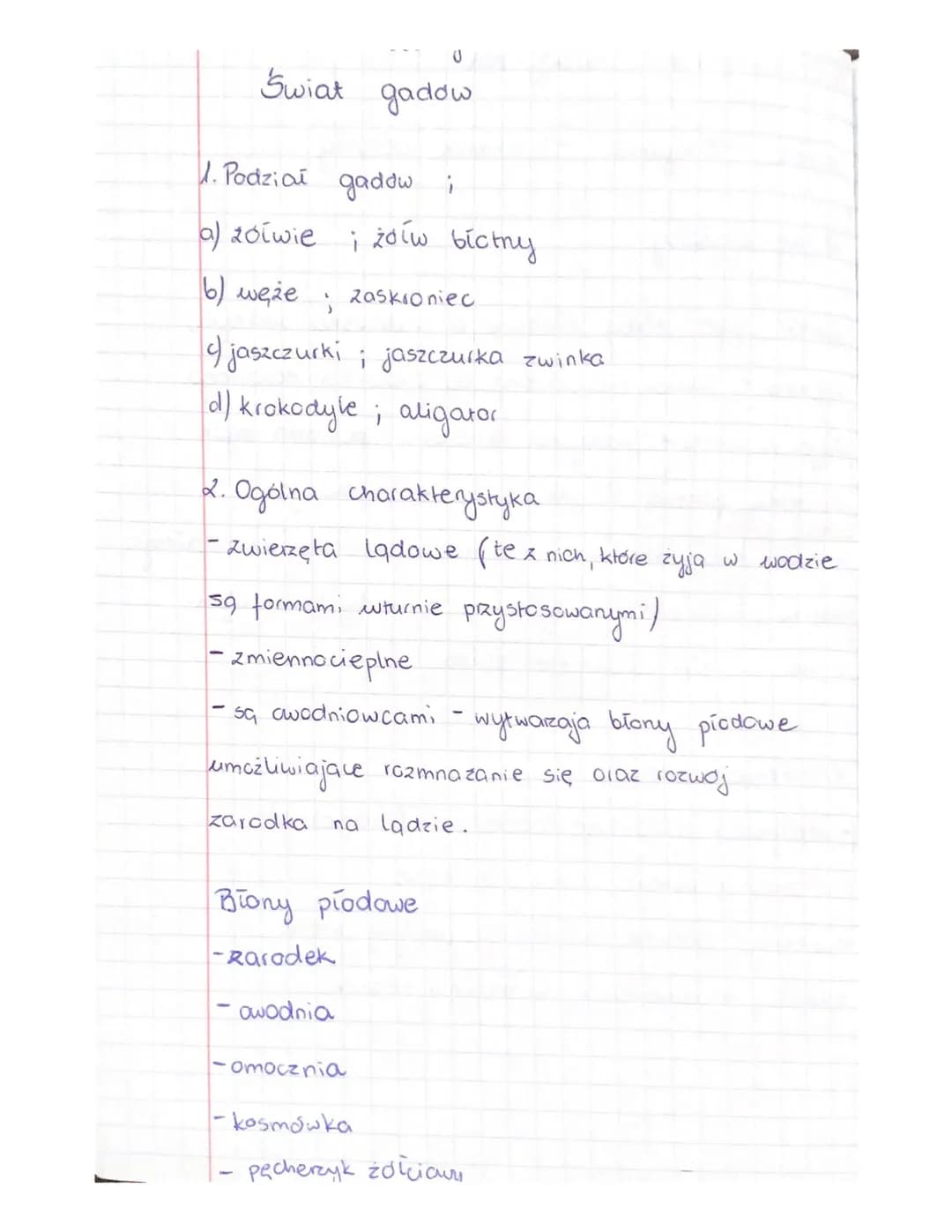 Świat
1. Podziai
gaddw i
a) zolwie; zow bictny
b) węże ;
9) jaszczurki; jaszczurka zwinka
d) krokodyle; aligator
gadow
2. Ogólna charakterys