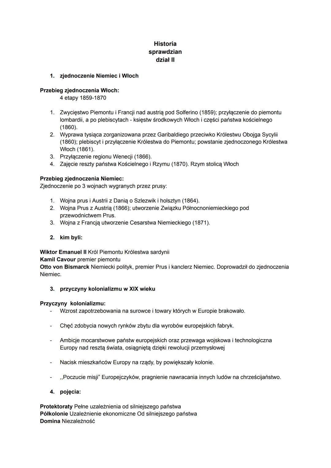 1. zjednoczenie Niemiec i Włoch
Przebieg zjednoczenia Włoch:
4 etapy 1859-1870
Historia
sprawdzian
dział II
1. Zwycięstwo Piemontu i Francji