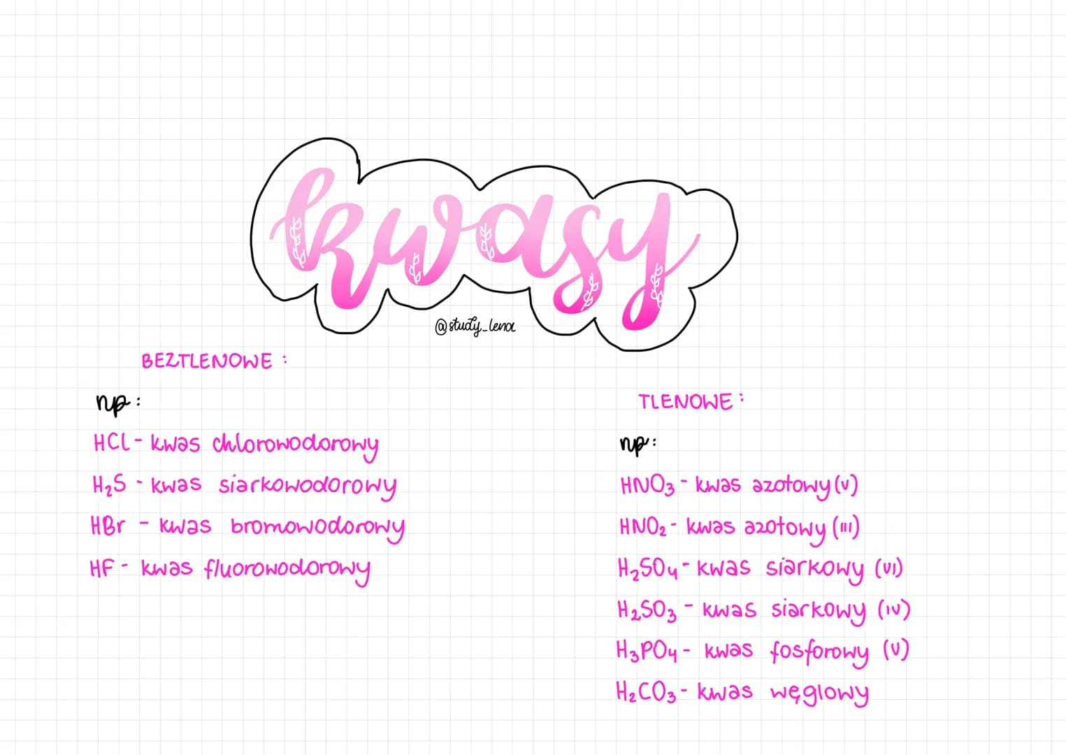 kwasy
@study_lena
BEZTLENOWE:
np:
HCl- kwas chlorowodorowy
H₂S - kwas siarkowodorowy
HBr - kwas bromowodorowy
HF - kwas fluorowodorowy
TLENO