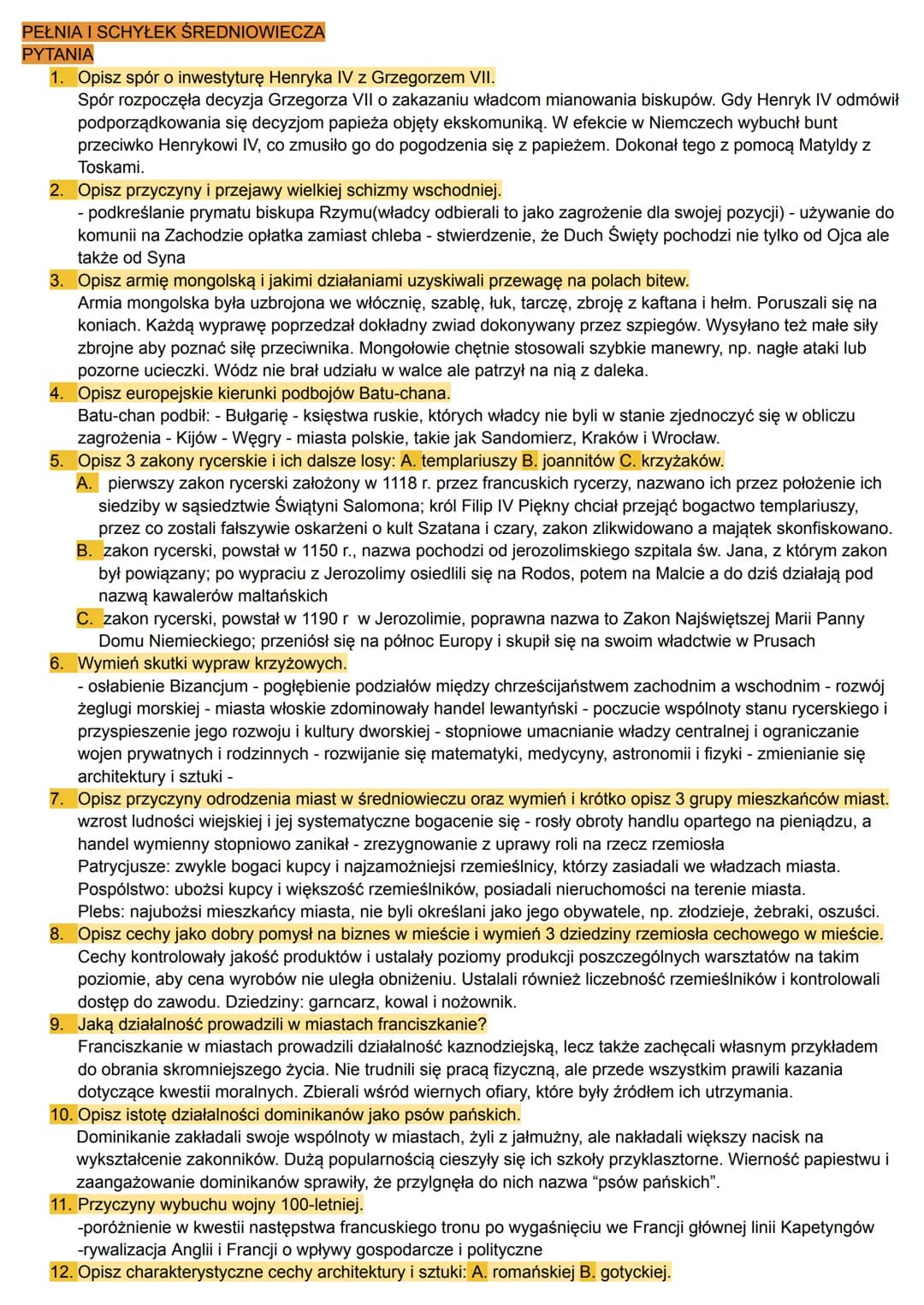 PEŁNIA I SCHYŁEK ŚREDNIOWIECZA
PYTANIA
1. Opisz spór o inwestyturę Henryka IV z Grzegorzem VII.
Spór rozpoczęła decyzja Grzegorza VII o zaka