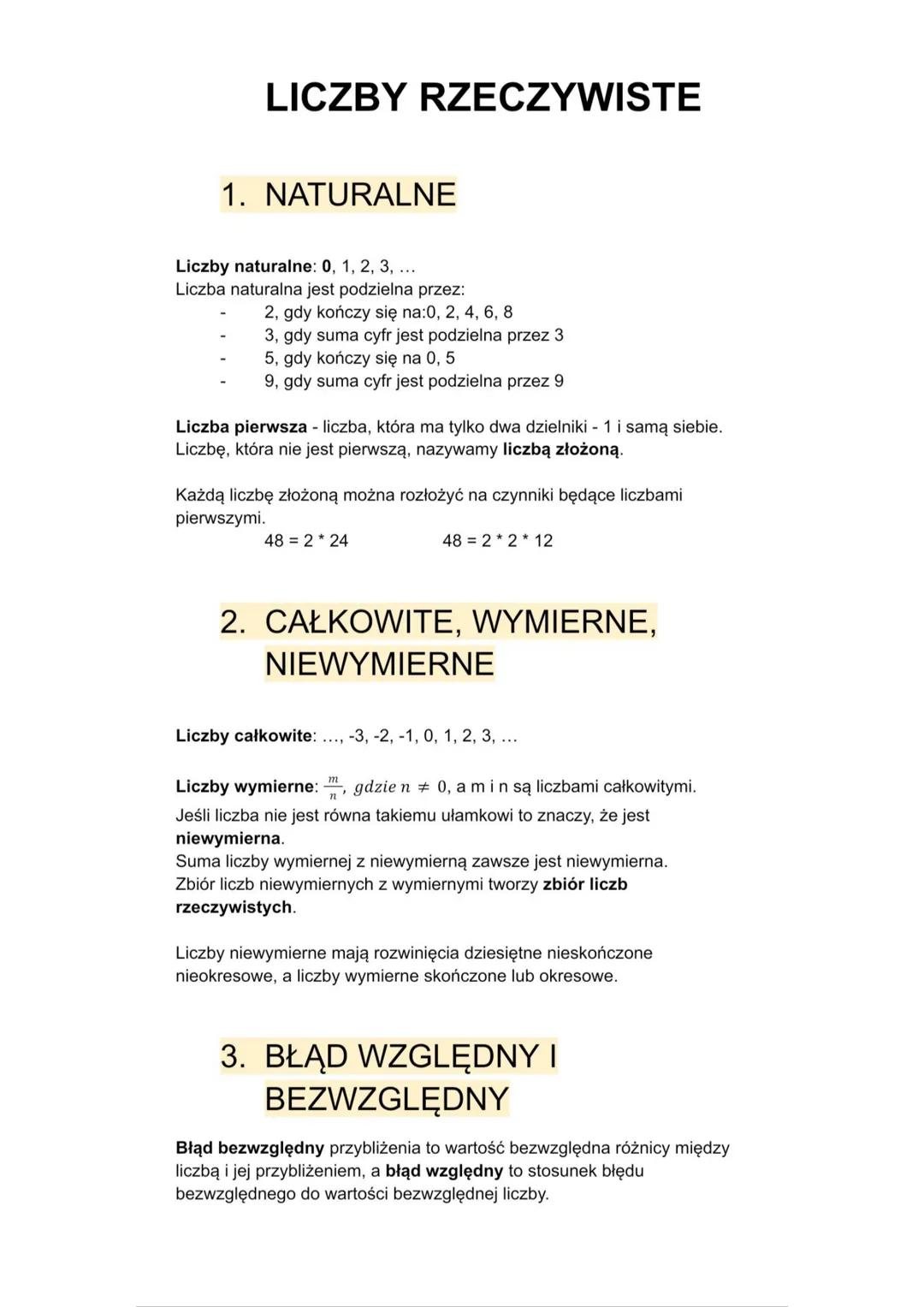 LICZBY RZECZYWISTE
1. NATURALNE
Liczby naturalne: 0, 1, 2, 3, ...
Liczba naturalna jest podzielna przez:
2, gdy kończy się na:0, 2, 4, 6, 8

