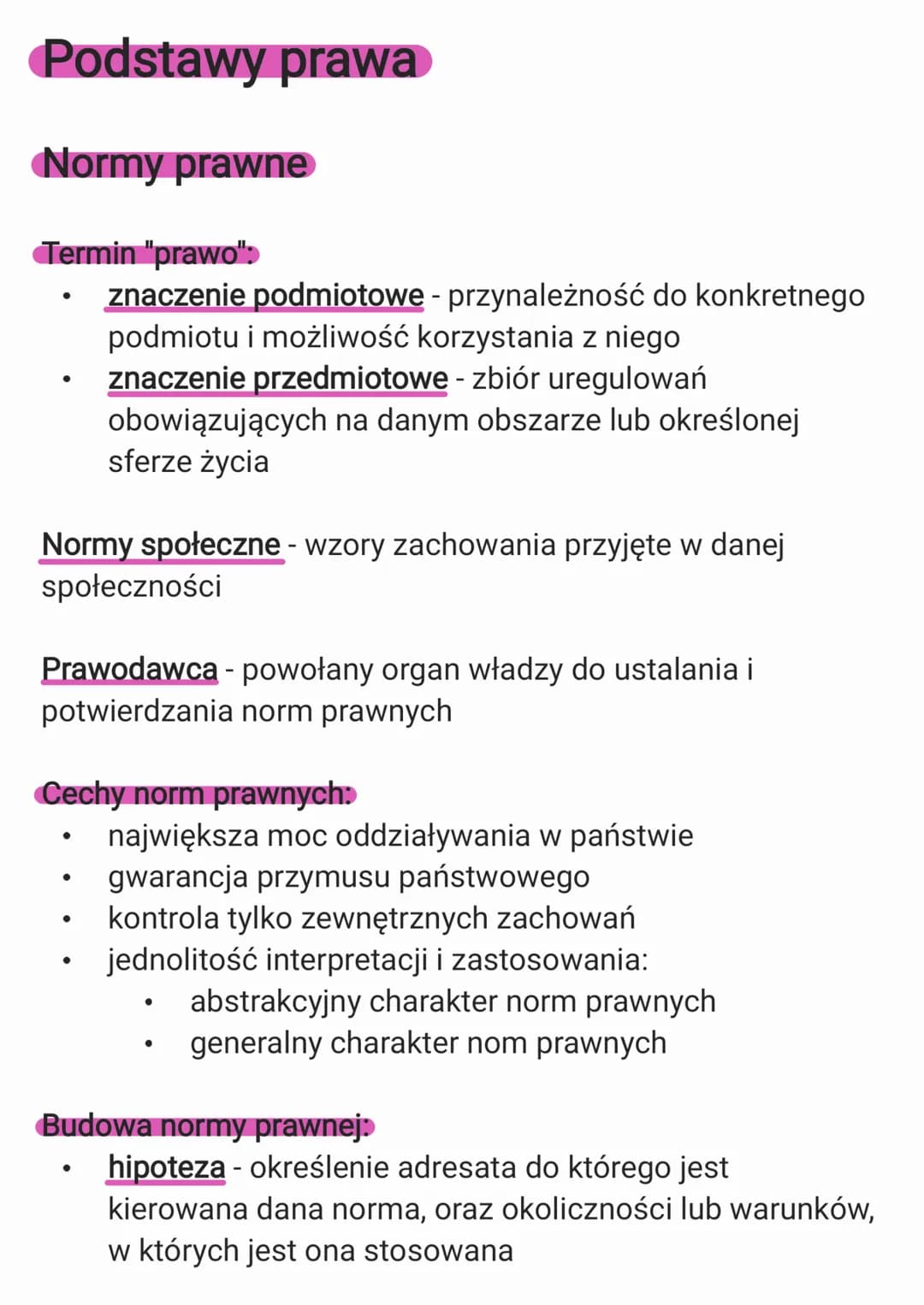 Podstawy prawa
Normy prawne
Termin "prawo">
znaczenie podmiotowe - przynależność do konkretnego
podmiotu i możliwość korzystania z niego
zna