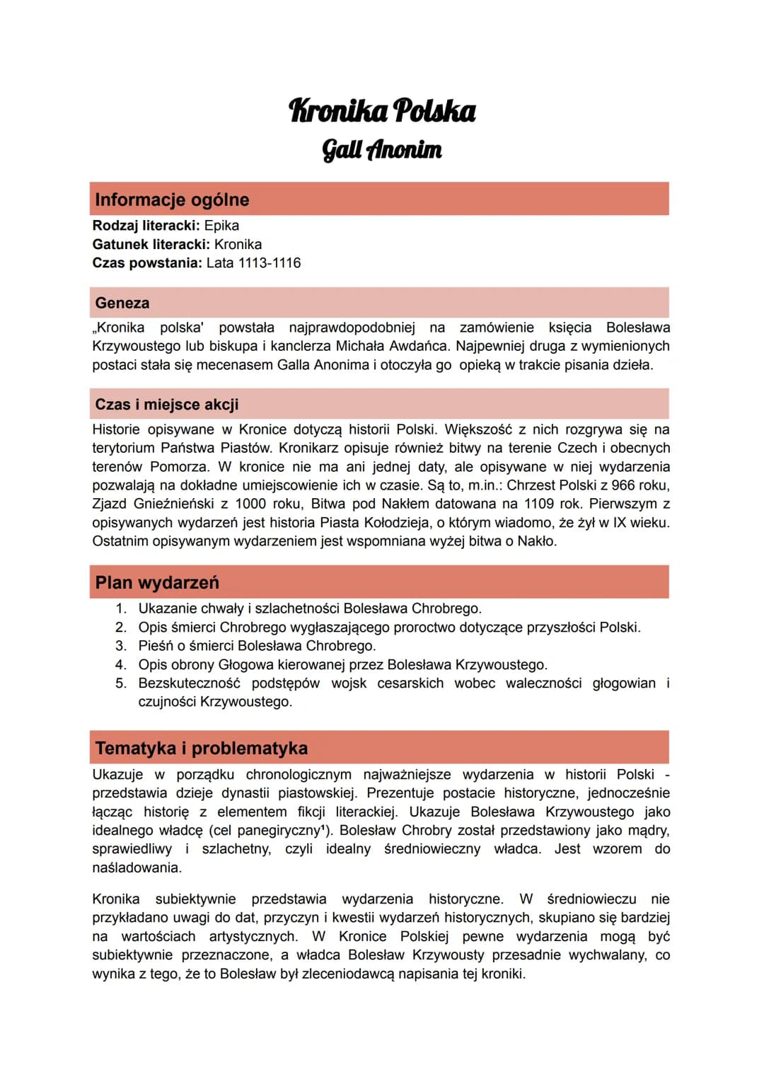 Kronika Polska
Gall Anonim
Informacje ogólne
Rodzaj literacki: Epika
Gatunek literacki: Kronika
Czas powstania: Lata 1113-1116
Geneza
księci