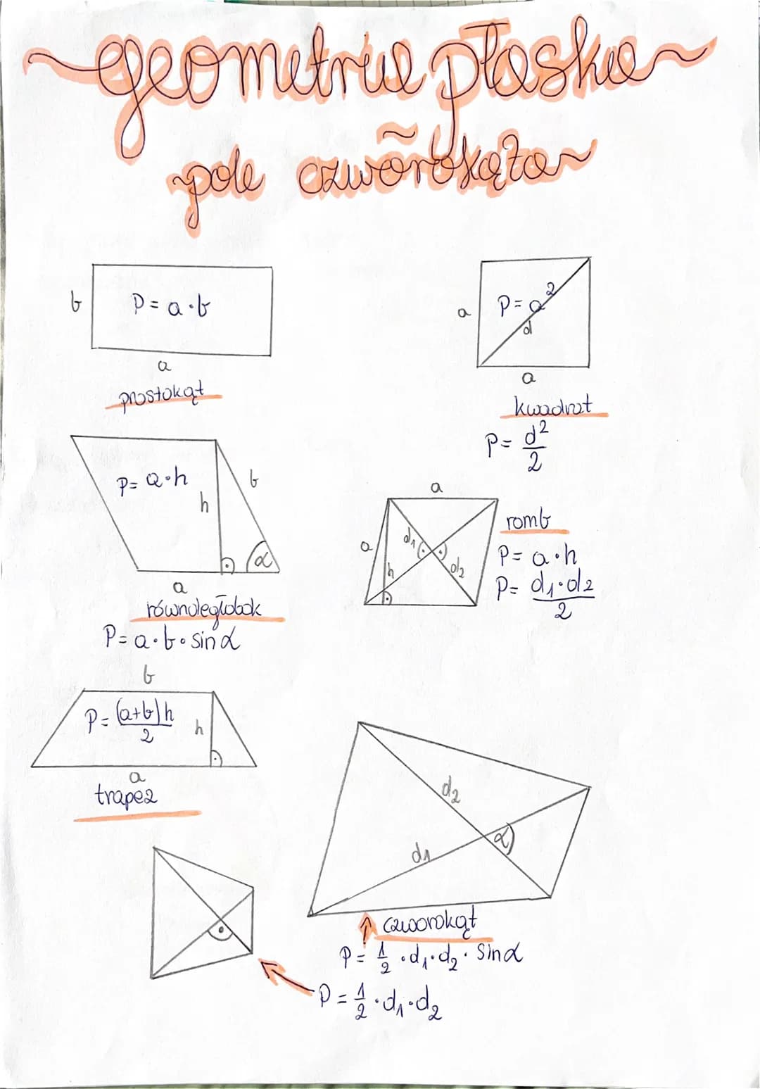 geometria pleska
pole czworokąta
b
P= a · b
a
prostokąt
P= Q.h
h
b
a
równoległobok
P= a·b· sind
b
P = [(a+b)h
trapez
dr
da
P=
a
kwadrat
d²
P