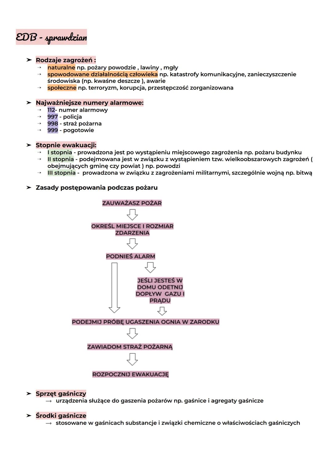 EDB-sprawdzian
➤ Rodzaje zagrożeń :
naturalne np. pożary powodzie, lawiny, mgły
spowodowane działalnością człowieka np. katastrofy komunikac