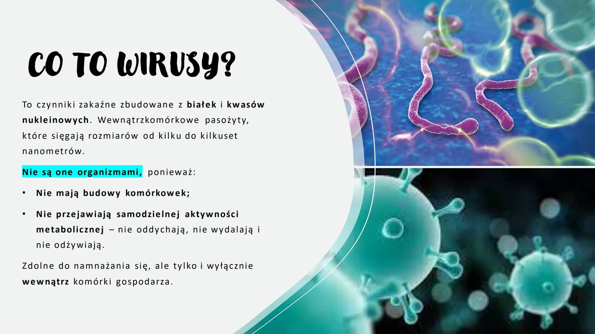 WIRUSY -
MOLEKULARNE
PASOŻYTY
BEZKOMÓRKOWE
CZYNNIKI ZAKAŹNE
766
Scers
M CO TO WIRUSY?
To czynniki zakaźne zbudowane z białek i kwasów
nuklei
