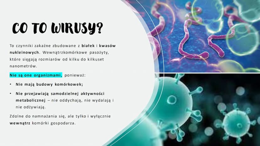 WIRUSY -
MOLEKULARNE
PASOŻYTY
BEZKOMÓRKOWE
CZYNNIKI ZAKAŹNE
766
Scers
M CO TO WIRUSY?
To czynniki zakaźne zbudowane z białek i kwasów
nuklei