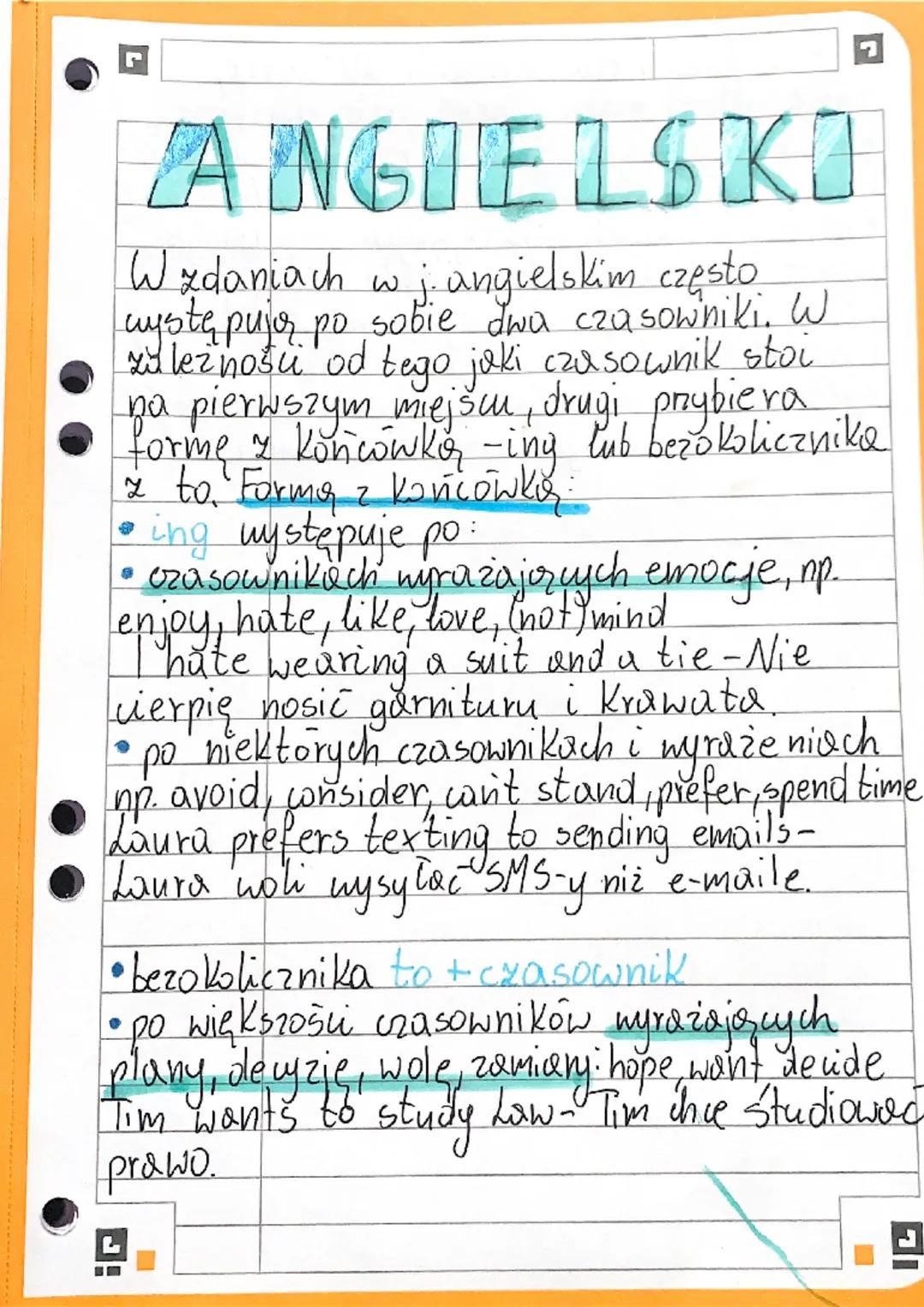 # ANGIELSKI

W zdaniach w j. angielskim często
występujor po po sobie dwa czasowniki. W
zaleznošu od tego jaki czasownik stoi
na pierwszym m
