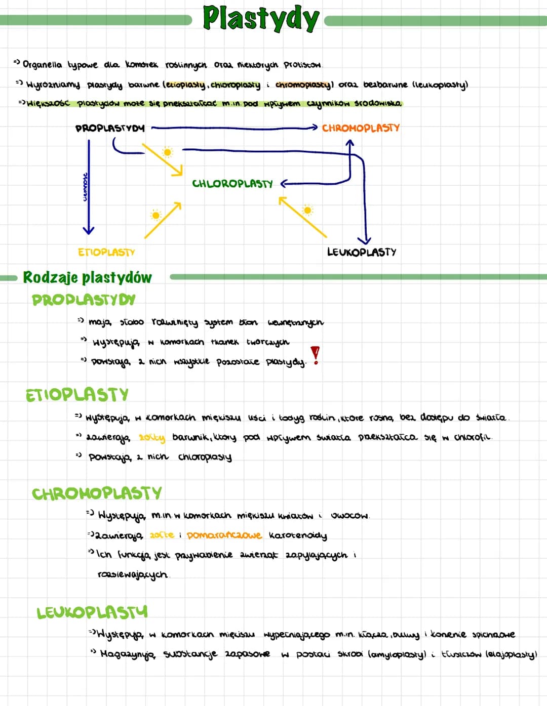 →Organella typowe dla komorek roślinnych oraz niektorych protistow.
=> Wyrozniamy plastydy barwne letioplasty, chloroplasty i chromoplasty) 