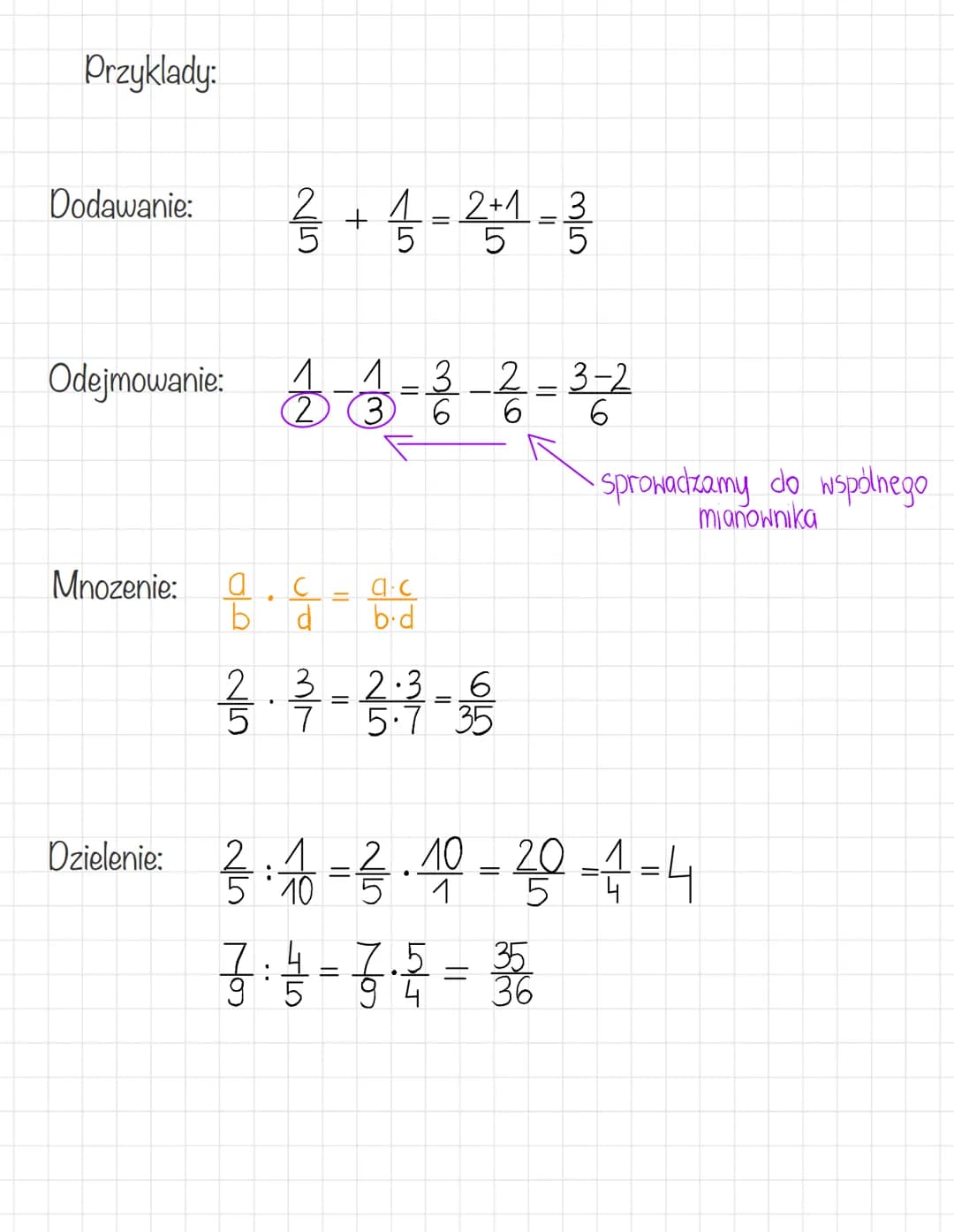 Przyklady:
Dodawanie:
Odejmowanie: 1-3-²-2-3-2
=
6
6
Mnozenie:
Dzielenie:
3 + 4 = 2/1 = 3
5
5
a
b
C
d
.
F
ac
b.d
3-3-2-4-9/1
=
5 7
5.7 35
6
