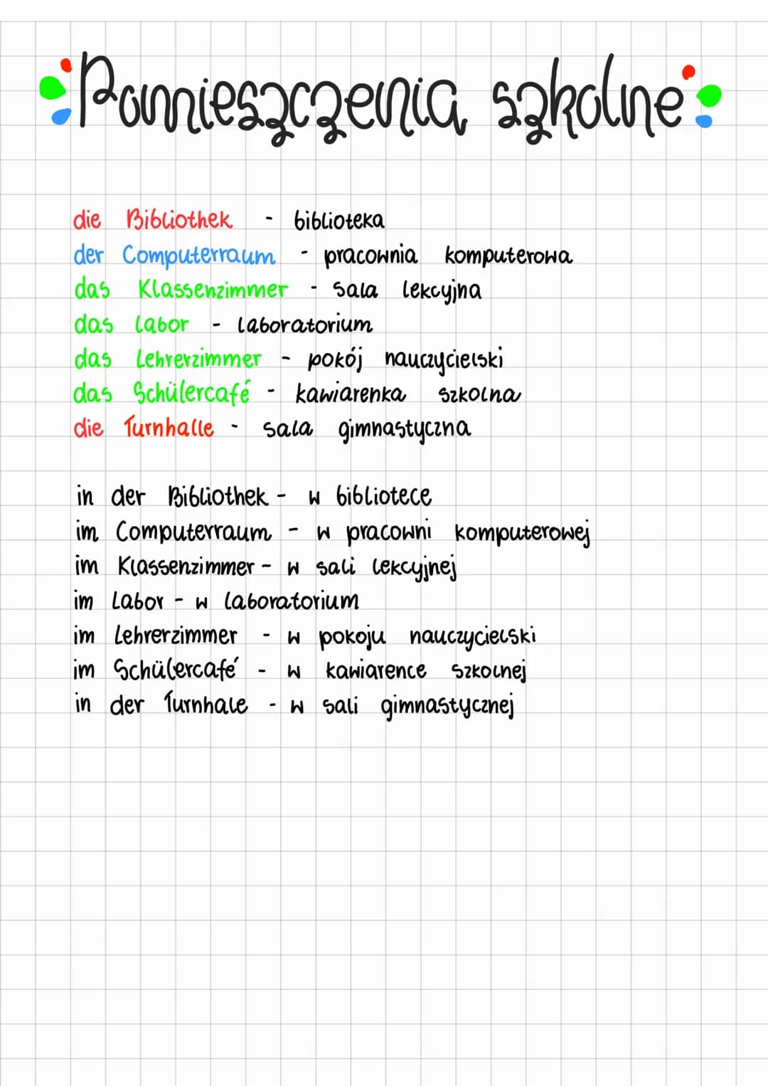 Pomieszczenia szkolne
die Bibliothek
biblioteka
der Computerraum - pracownia komputerowa
das Klassenzimmer Sala lekcyjna
das labor - Laborat