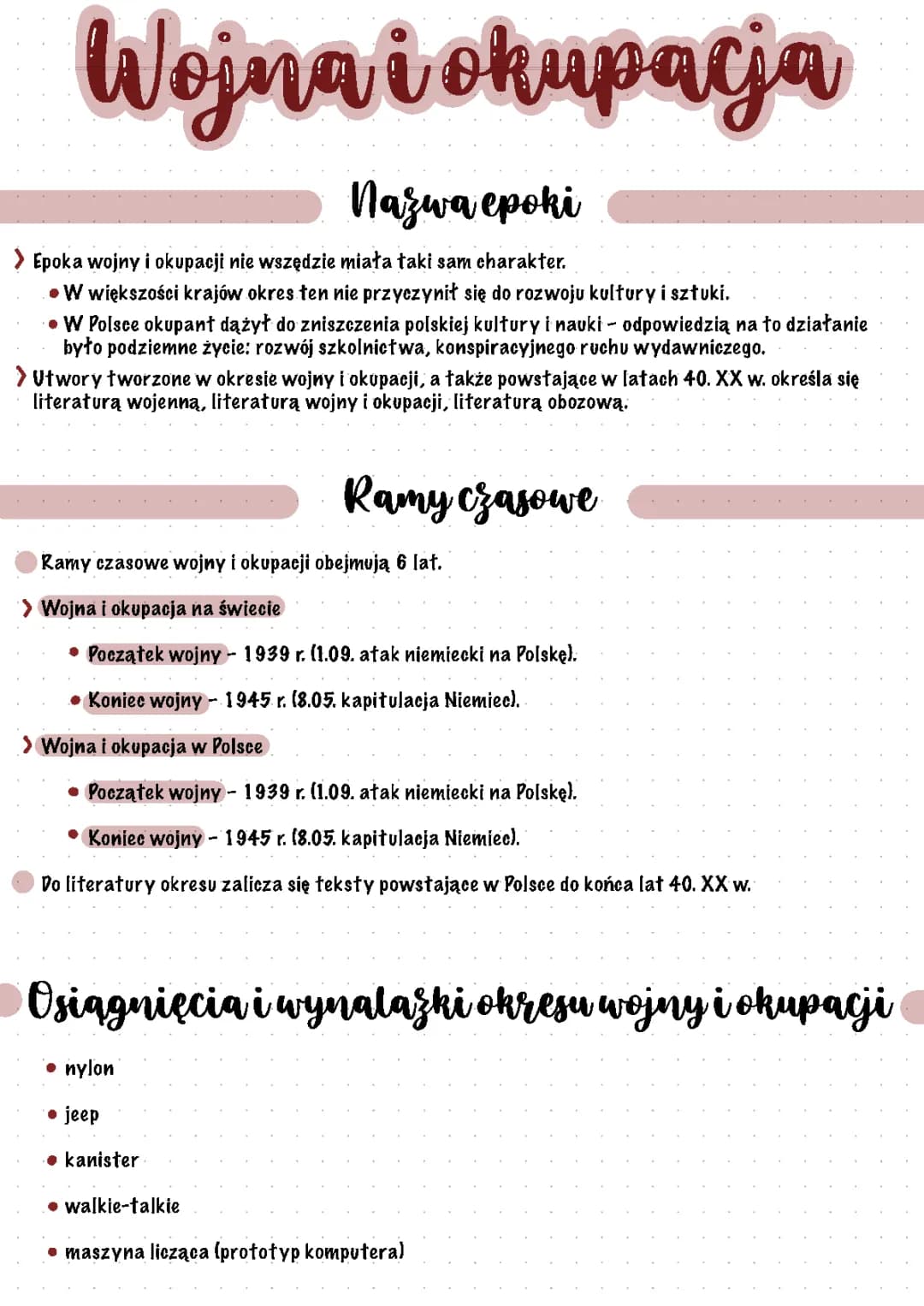 Literatura wojny i okupacji: notatki, sprawdziany, lektury