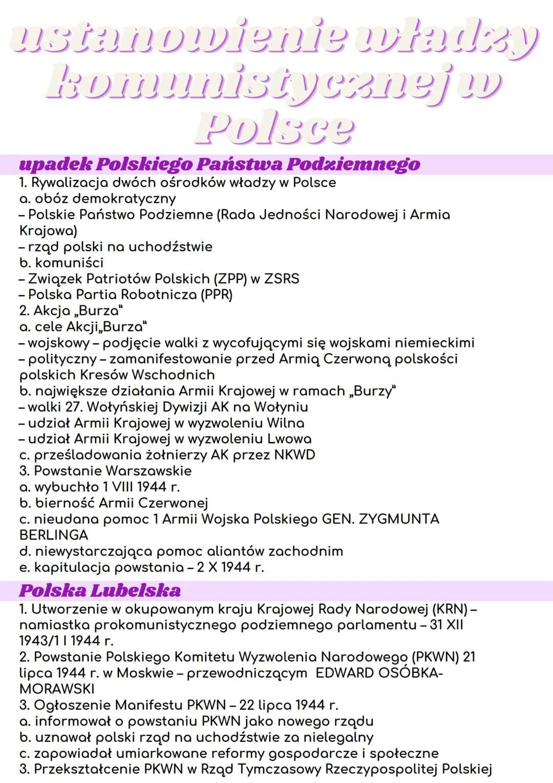 ustanowienie władzy
komunistycznej w
Polsce
upadek Polskiego Państwa Podziemnego
1. Rywalizacja dwóch ośrodków władzy w Polsce
a. obóz demok