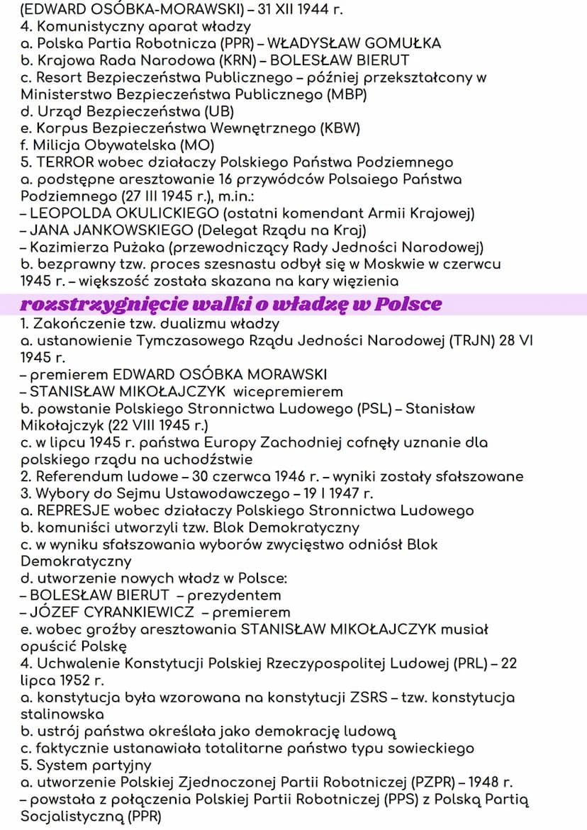 ustanowienie władzy
komunistycznej w
Polsce
upadek Polskiego Państwa Podziemnego
1. Rywalizacja dwóch ośrodków władzy w Polsce
a. obóz demok