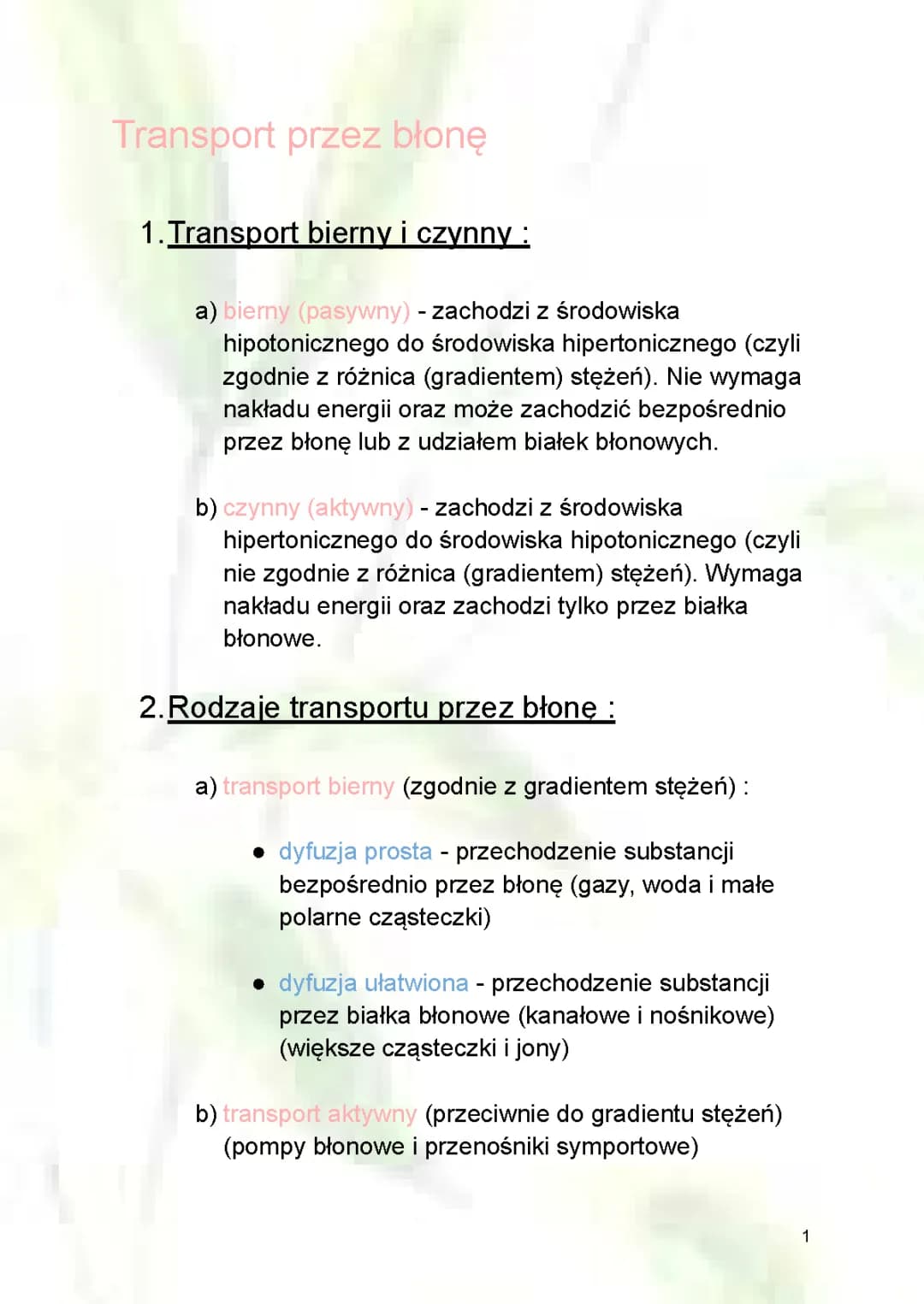 Różne rodzaje transportu przez błony komórkowe
