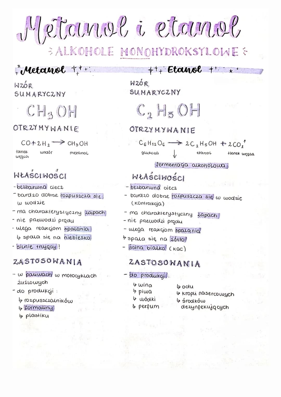 Metanol i etanol
ALKOHOLE MONOHYDROKSYLOWE
+++ Etanol ++. *
"Metanol +++.
WZÓR
SUMARYCZNY
CH ₂ OH
3
OTRZYMYWANIE
CO+2H2
-
tlenek
wegla
wodor