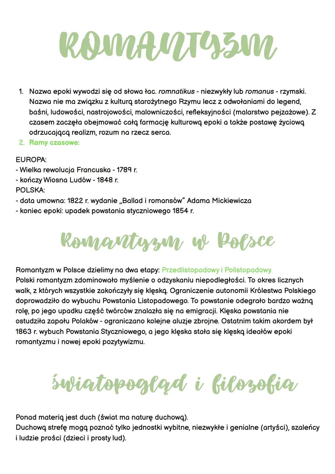 --- OCR Start ---
ROMANTYSM
1. Nazwa epoki wywodzi się od słowa łac. romnatikus - niezwykły lub romanus - rzymski.
Nazwa nie ma związku z ku