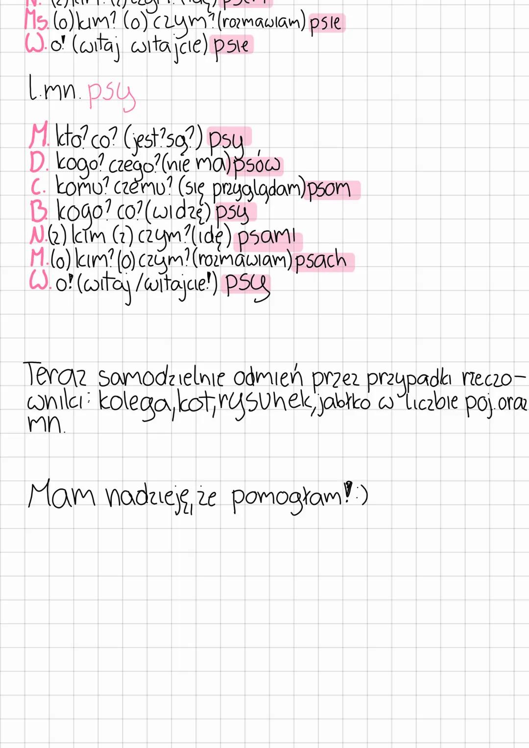 # j.poshi
przypadki

*   mianownik kto? co? (jest/sq)
*   dopełniacz kogo? Czego? (nie ma)
*   celownik komu? czemu? (się przyglądam)
*   bi