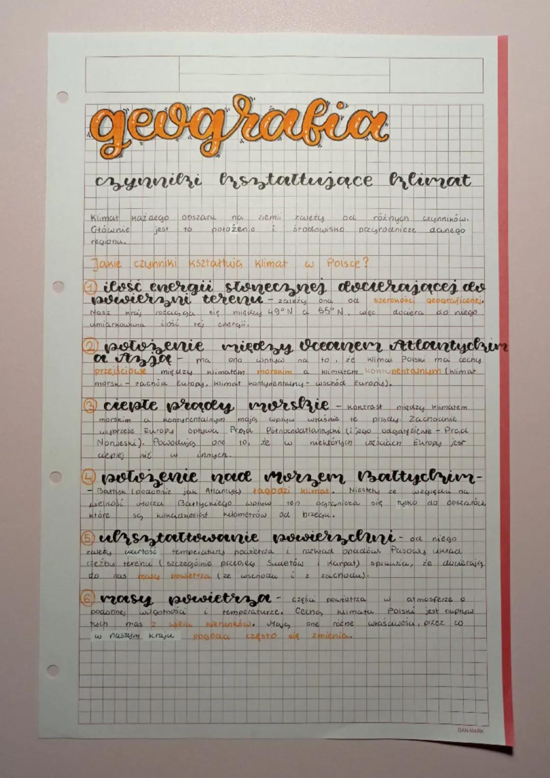 Czynniki wpływające na klimat Polski - Notatka, Klasa 7