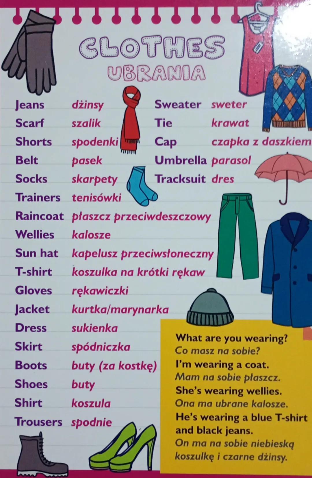 # CLOTHES
UBRANIA

Jeans dżinsy Sweater sweter
Scarf szalik Tie krawat
Shorts spodenki Cap czapka z daszkiem
Belt pasek Umbrella parasol
Soc