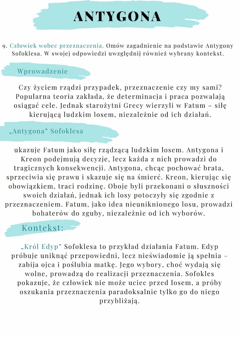 # ANTYGONA

8. Konflikt racji moralnych. Omów zagadnienie na podstawie Antygony
Sofoklesa. W swojej odpowiedzi uwzględnij również wybrany ko