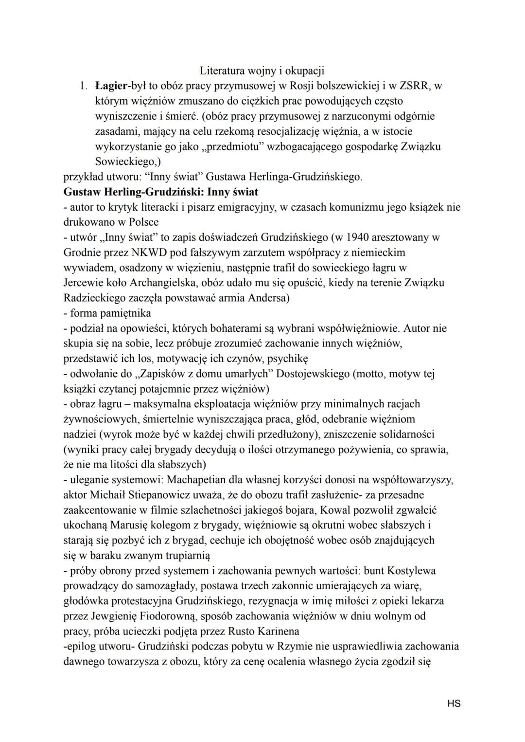 Literatura wojny i okupacji
1. Łagier-był to obóz pracy przymusowej w Rosji bolszewickiej i w ZSRR, w
którym więźniów zmuszano do ciężkich p