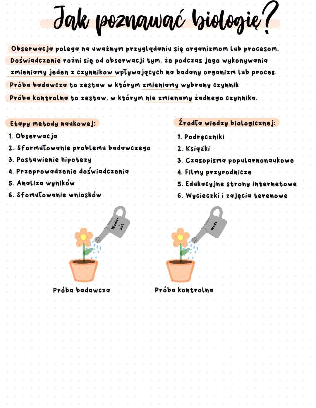 # Jak poznawać biologię?

Obserwacja polega na uważnym przyglądaniu się organizmom lub procesom.
Doświadczenie rożni się od obserwacji tym, 