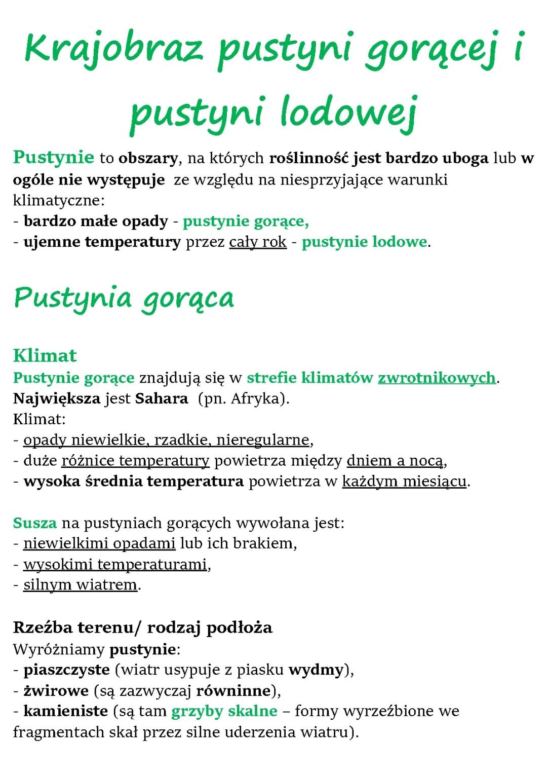 Krajobraz pustyni gorącej i lodowej - klasa 5 kartkówka, notatki, ciekawostki