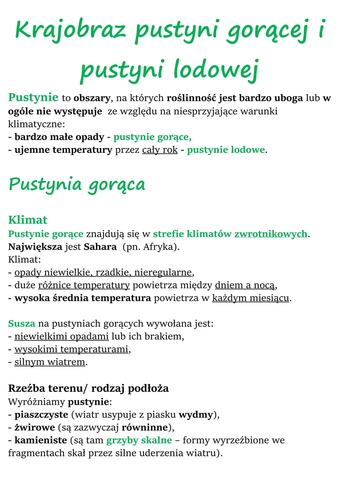 Krajobraz pustyni gorącej i
pustyni lodowej
Pustynie to obszary, na których roślinność jest bardzo uboga lub w
ogóle nie występuje ze względ