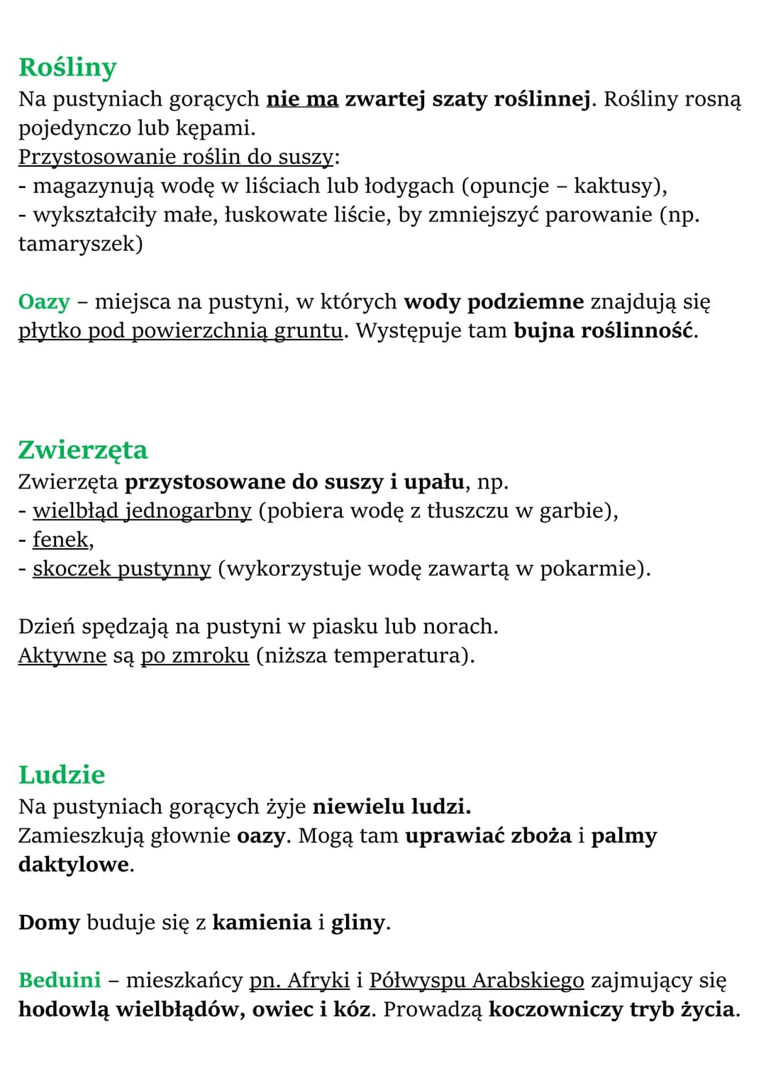 Krajobraz pustyni gorącej i
pustyni lodowej
Pustynie to obszary, na których roślinność jest bardzo uboga lub w
ogóle nie występuje ze względ